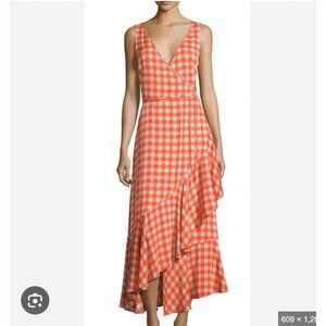 Diane von Furstenberg Dress Womens 10 Orange Blue Gingham Wrap Ruffle Midi